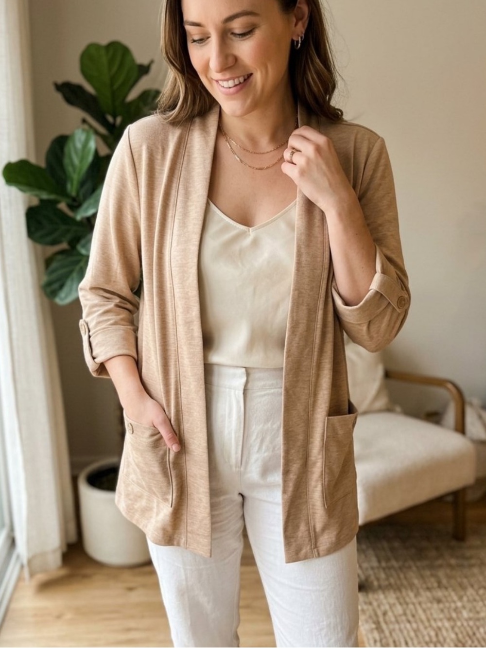 Alia Relaxed Open-Front Cardigan in Camel Beige